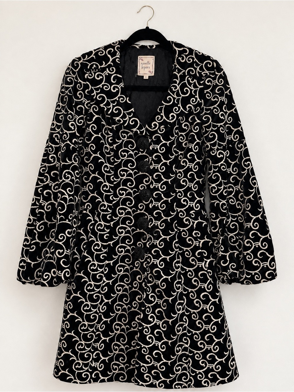 Nanette Lepore Black Velvet Coat with White Embroidered Scrolls